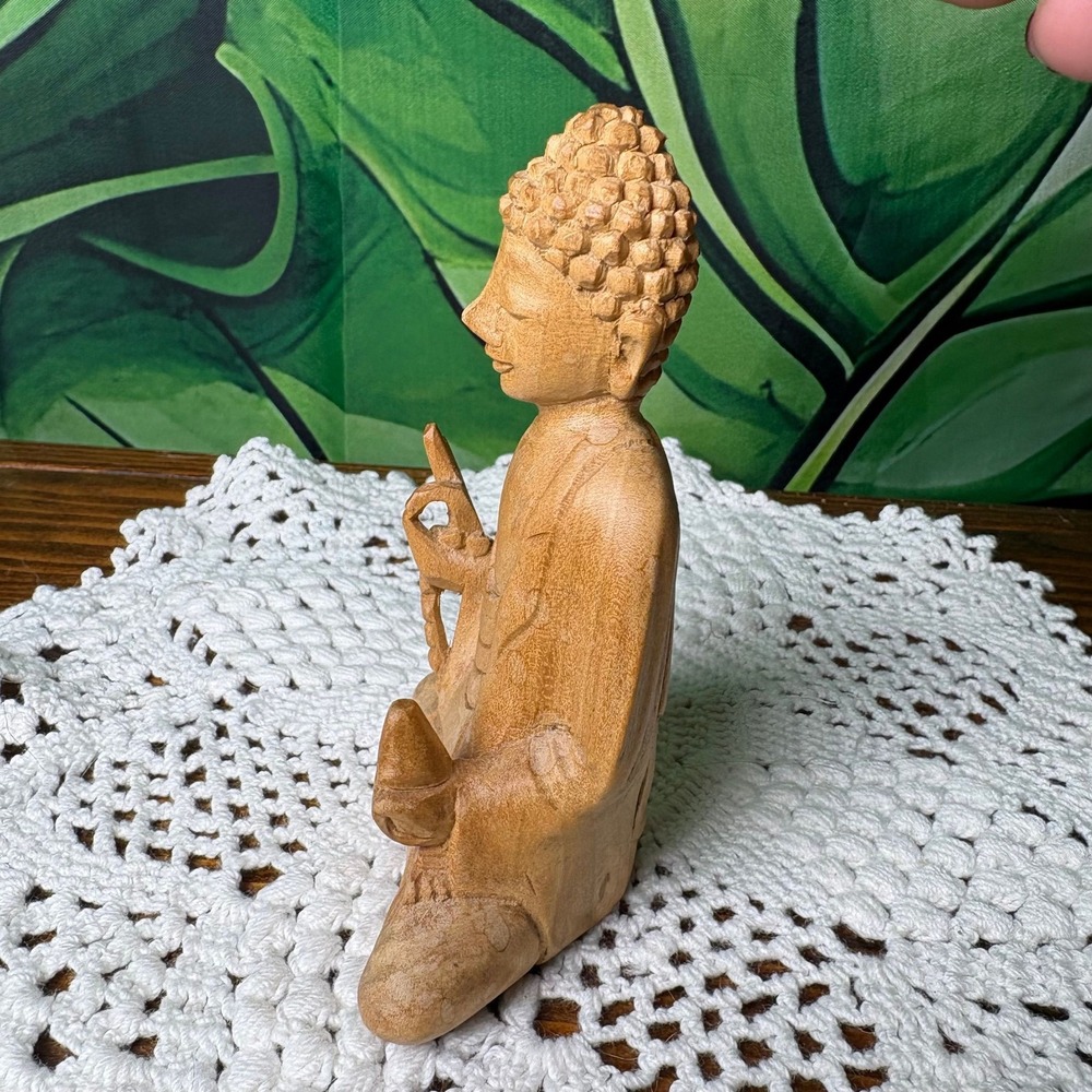 Wooden Buddha Meditating with Beads Wood Hand Carved Statue Figurine Zen Boho - Picture 5 of 9